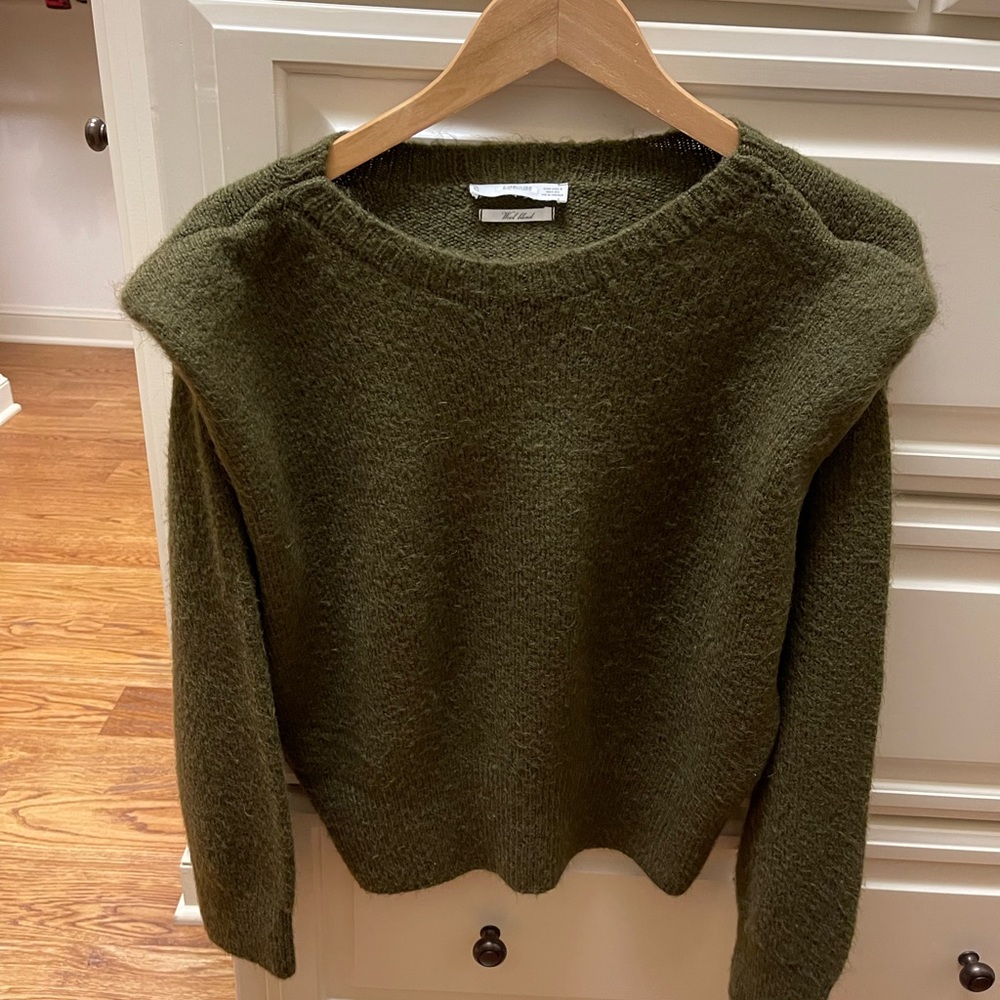 Mango army green wool sweater with shoulder pads